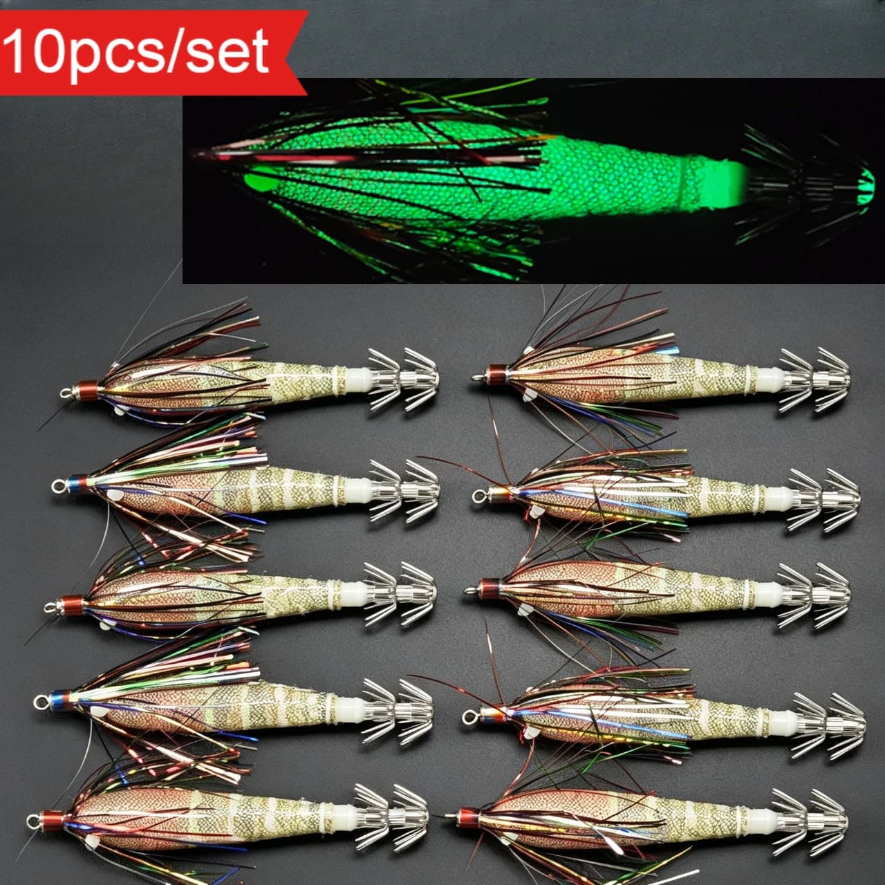 10pcs Horizontal Egi Squid Jig Set 8.5cm Flash Tinsel Luminous Wood Shrimp Lure Glow Octopus Bait Saltwater Sea Fishing Tackle