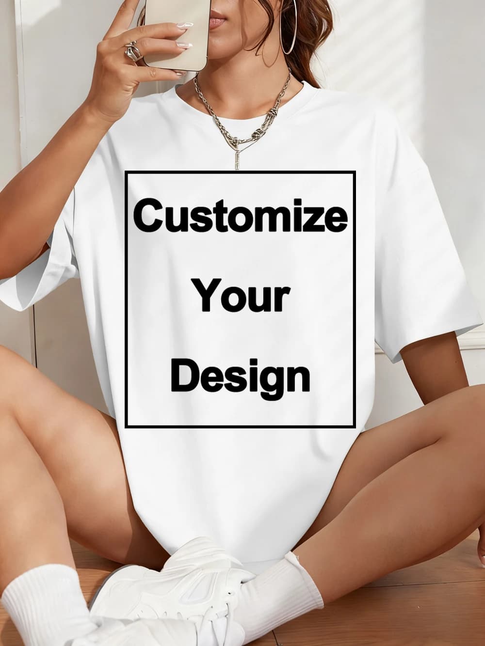 T-Shirt Estive Personalizzate in Cotone per Donna, Logo/Grafica Fai-da-Te, Maniche Corte, Collo Tondo, Oversize, Abbigliamento Casual Femminile