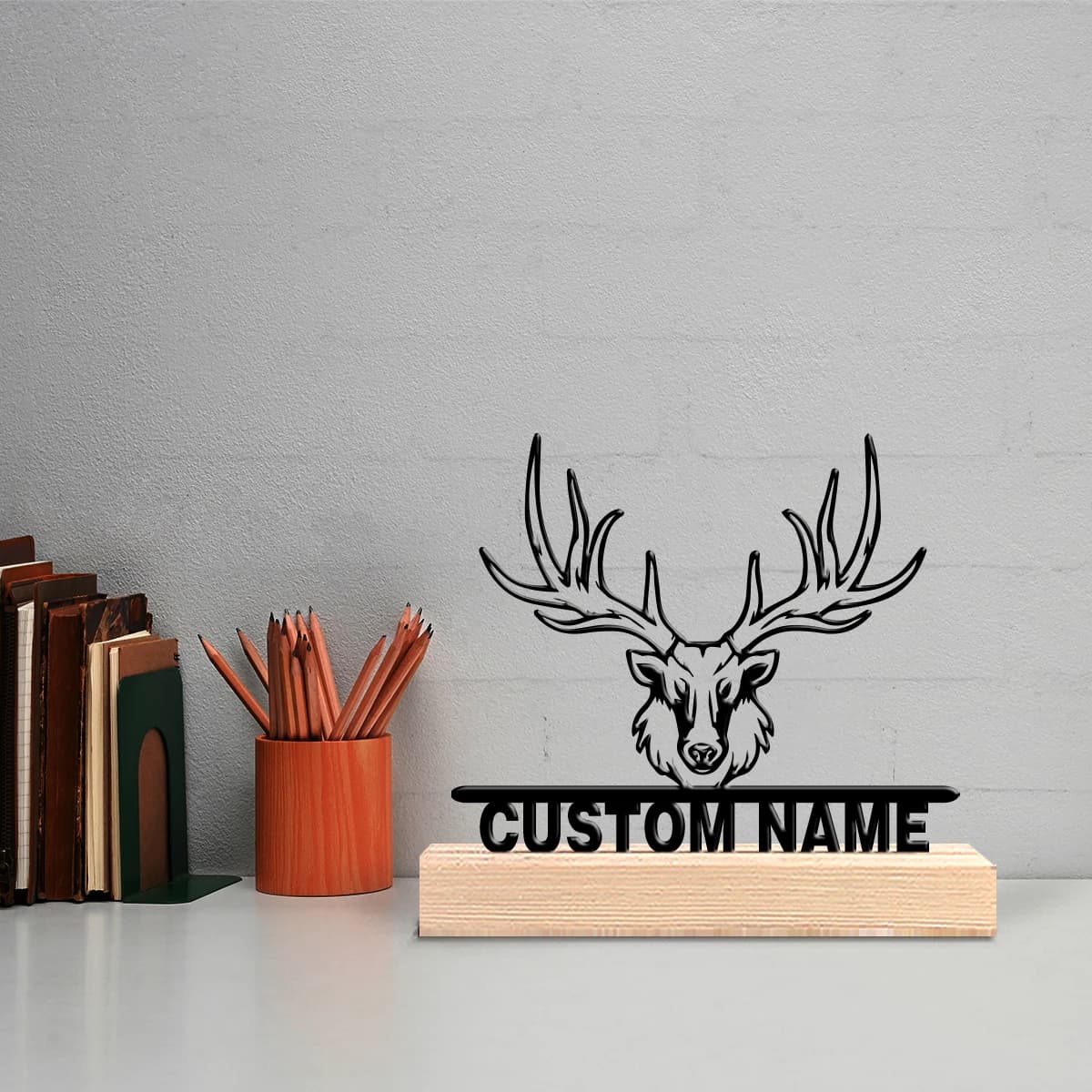 1 statuetta personalizzata in metallo a forma di cervo maschio con base in legno, decorazione da tavolo, regalo per artisti, perfetta per