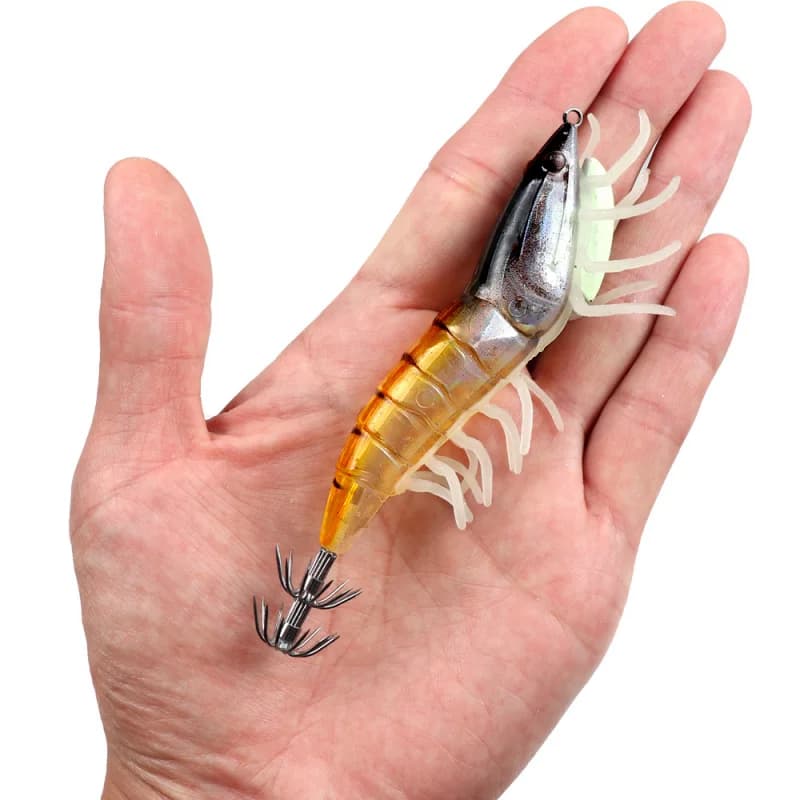 Esca Luminosa da Pesca in Mare 12cm 22g, Gambero, Calamaro, Seppia con Amo a Ombrello per Pesca Notturna, Esca Marina Fluorescente