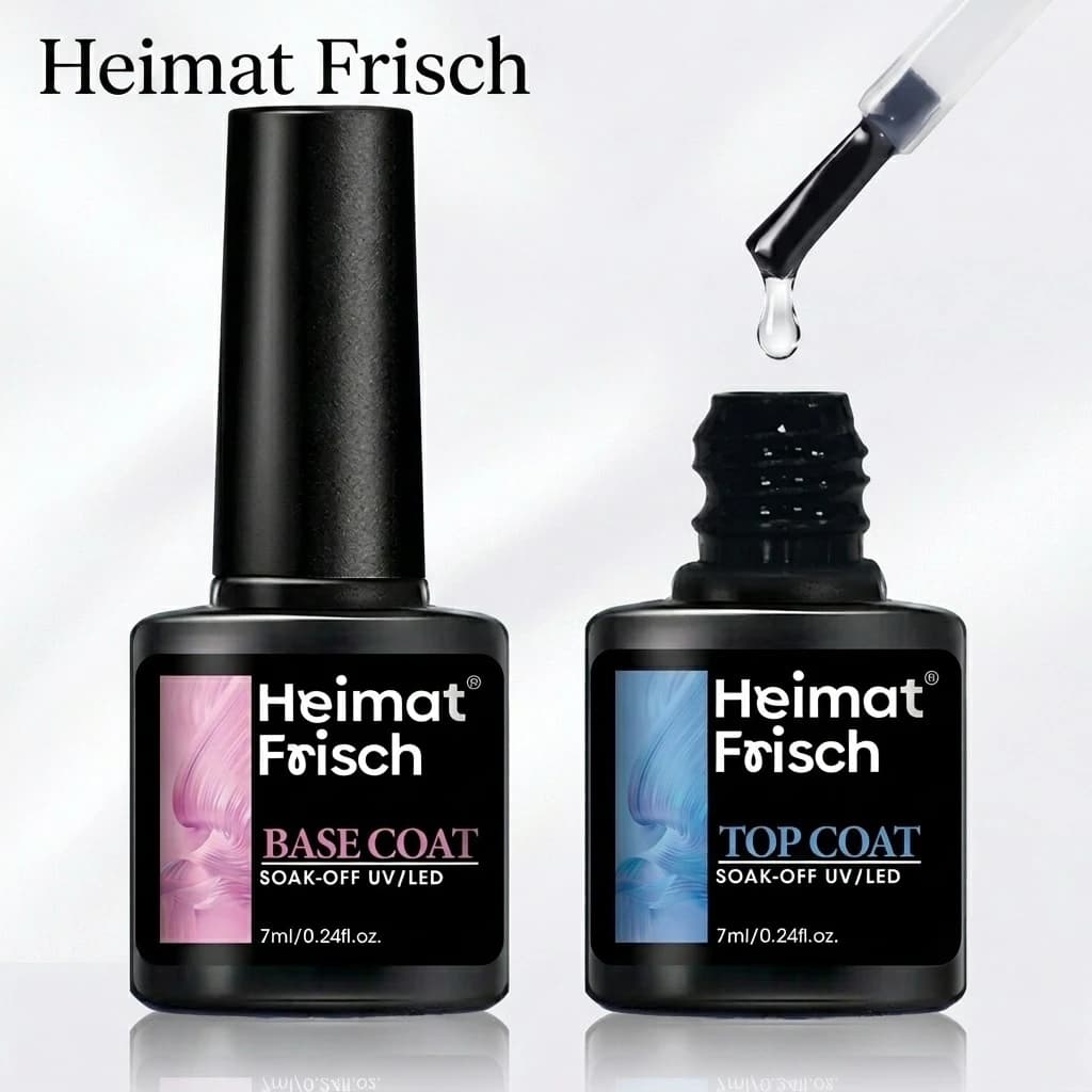 Heimat Frisch gel nail polish, containing a base coat and top coat, can be used for a variety of nail art designs.