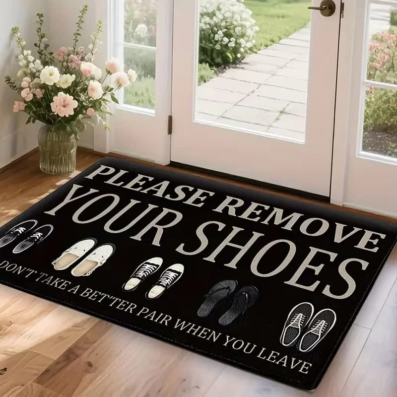 Tappeto Divertente con Scritta 'Si Prega di Sfilare le Scarpe', Illustrazione Umoristica di Scarpe, Tappeto Decorativo per Casa, Morbido e Antiscivolo, Tappeto di Benvenuto