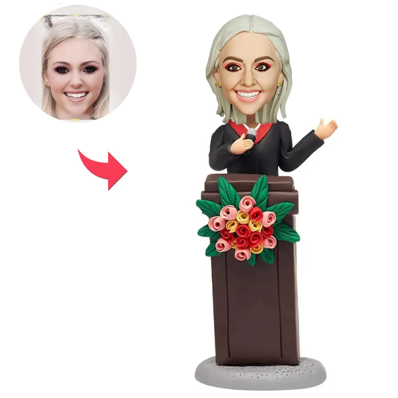 Topper per torta personalizzato Bobblehead per laurea personalizzata per parte di laurea, laurea femminile in piedi sul podio Bobblehead personalizzato