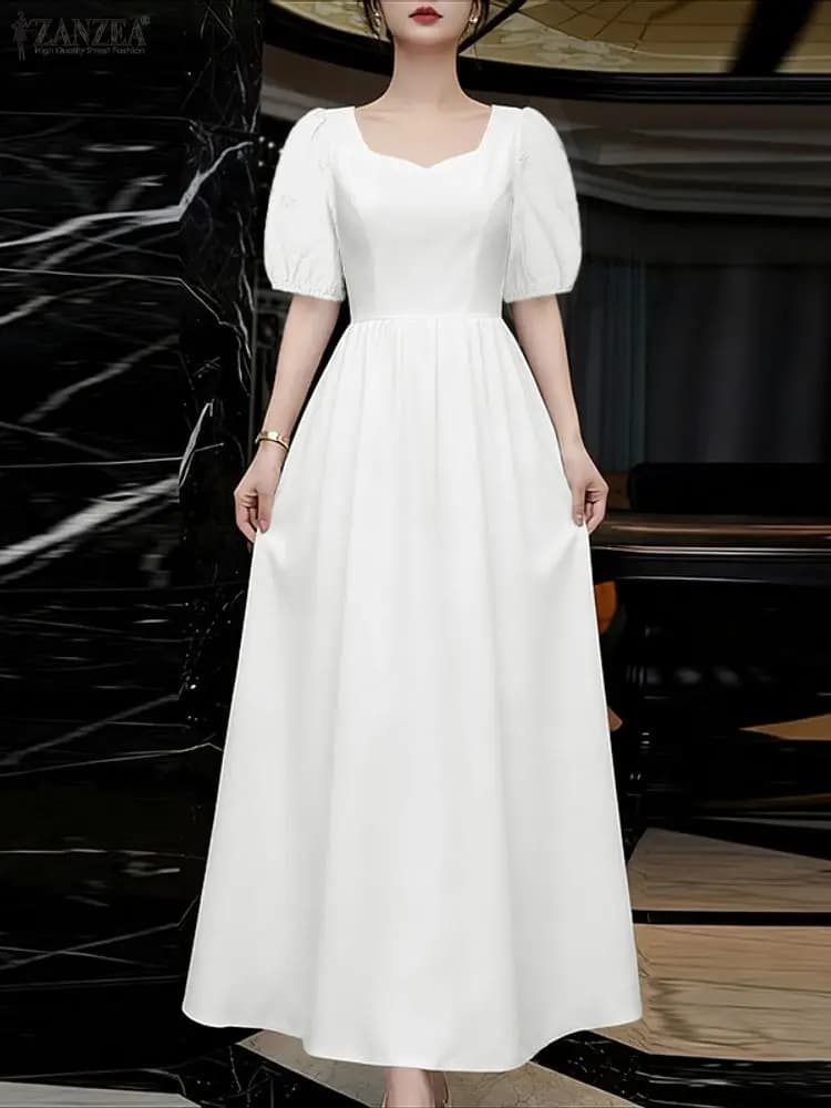 Abito da festa elegante ZANZEA Abito da donna elegante ricamato Abito estivo con scollo quadrato e maniche a sbuffo Abito estivo da ufficio scollato solido
