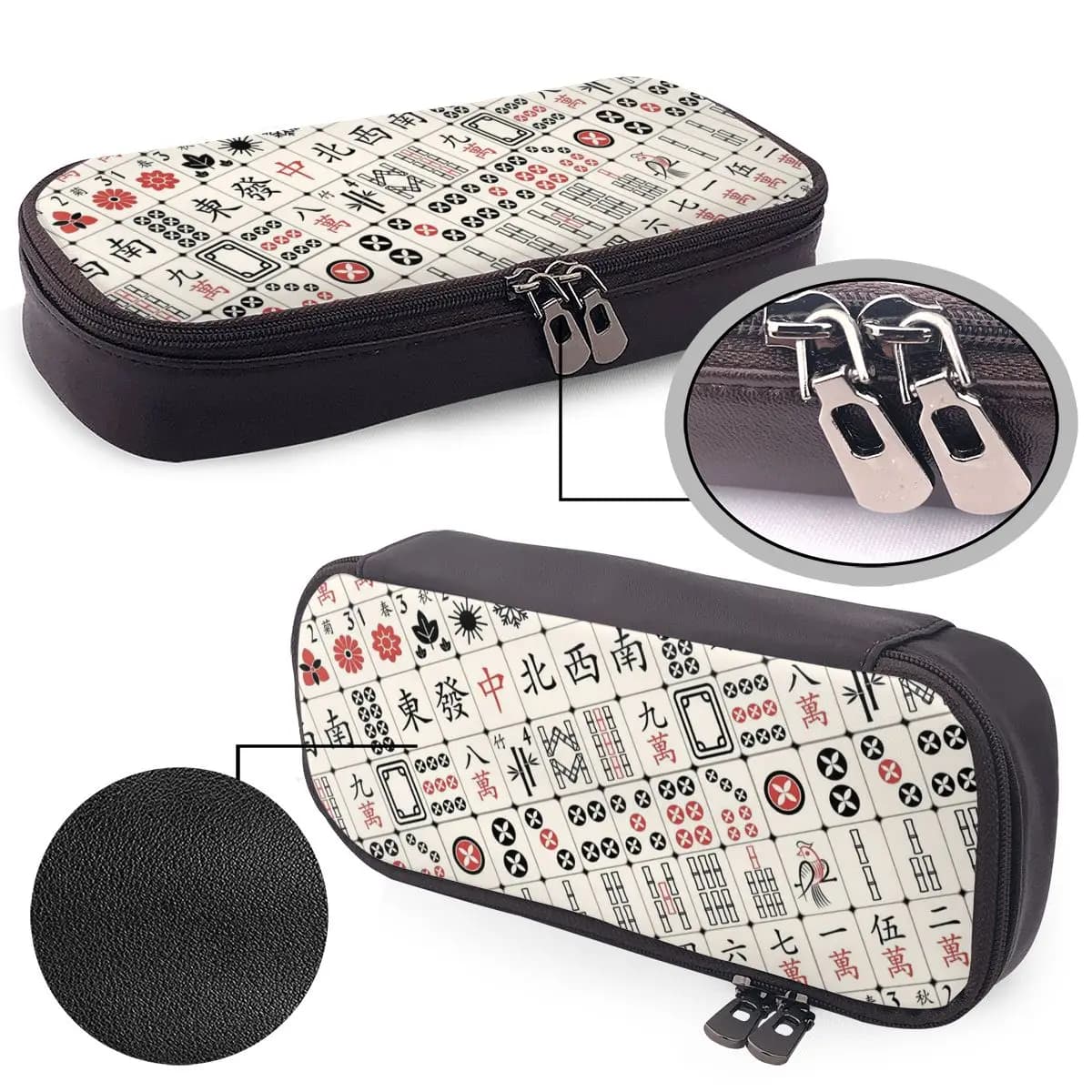 Mahjong Tile Pattern Leather Pencil Case for Students Gifts Pen Box Pencil Bag Stationery Supplies