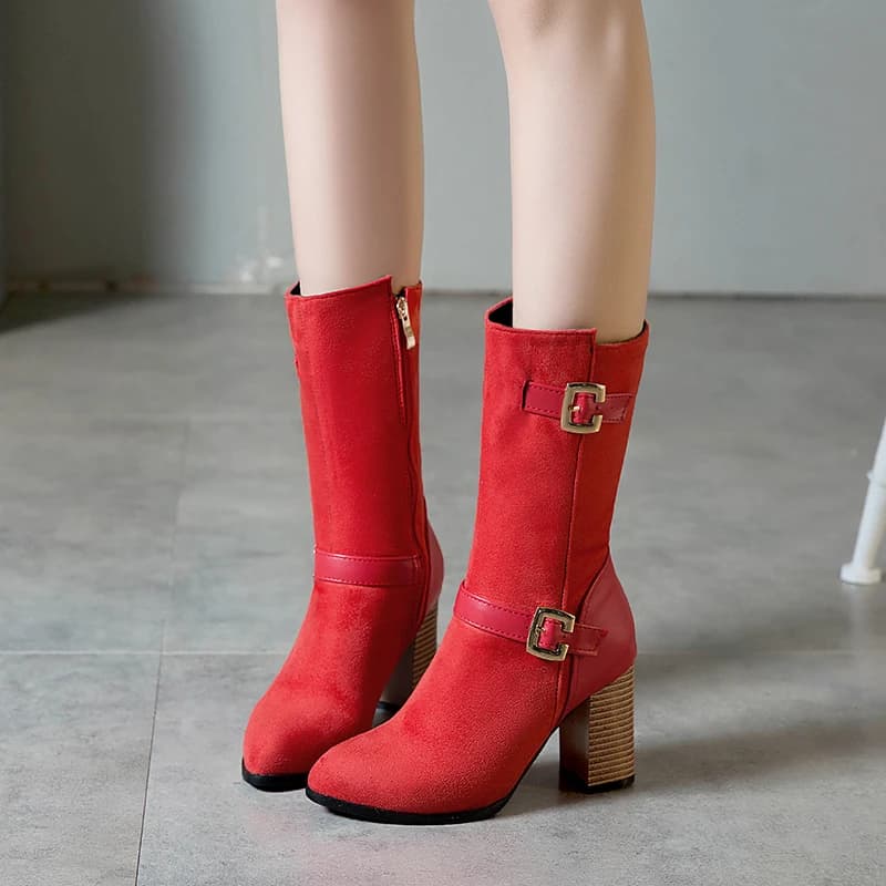 Plus Size Frosted Velvet Material Double Row Metal Belt Buckle Ultra-High Wood Grain Thick Heel Zip Plush Lining Mid-Calf Boots