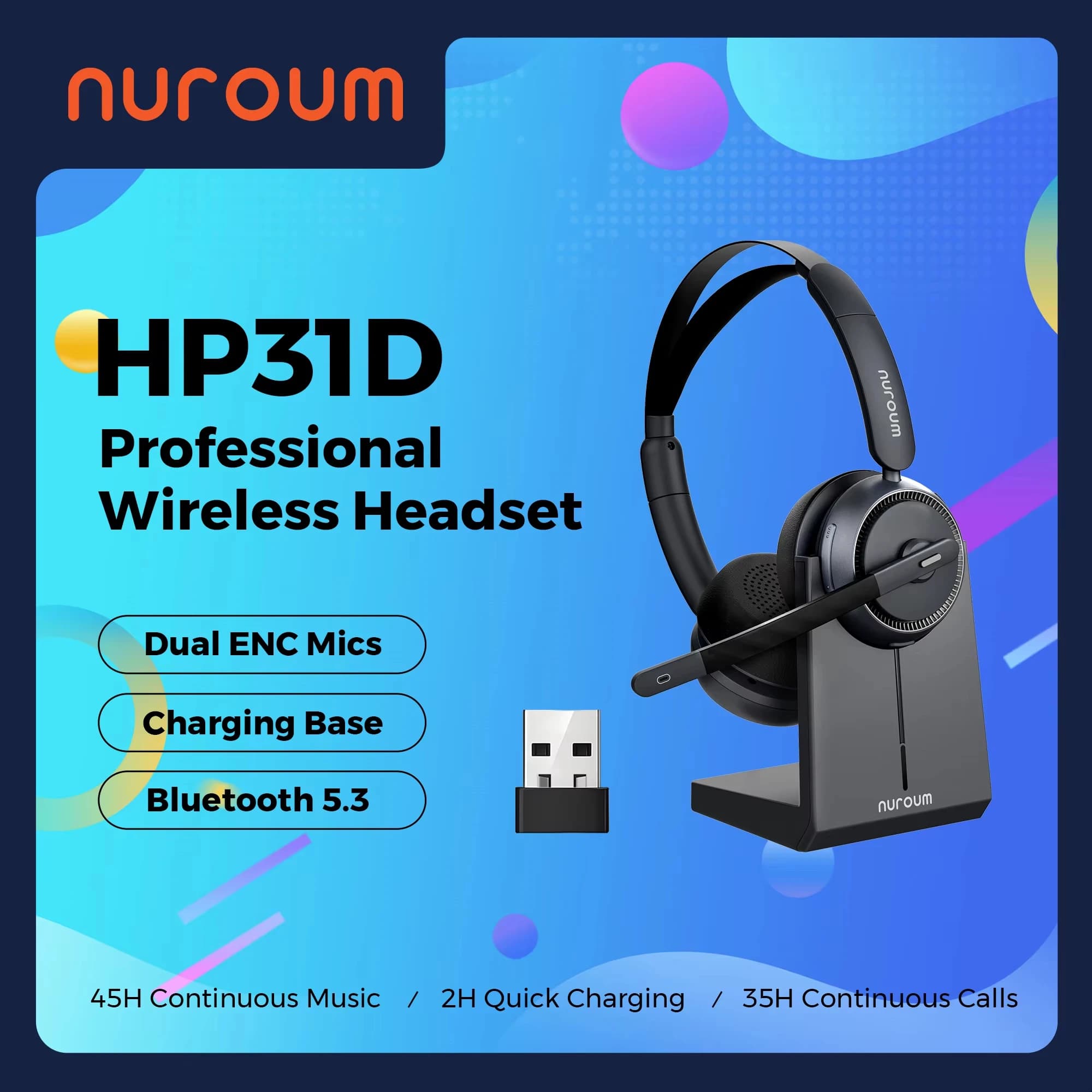 Nuroum HP31D Cuffie wireless con cancellazione del rumore AI con supporto di ricarica Microfoni Bluetooth USB/Tipo C/Tipo A per telefono computer