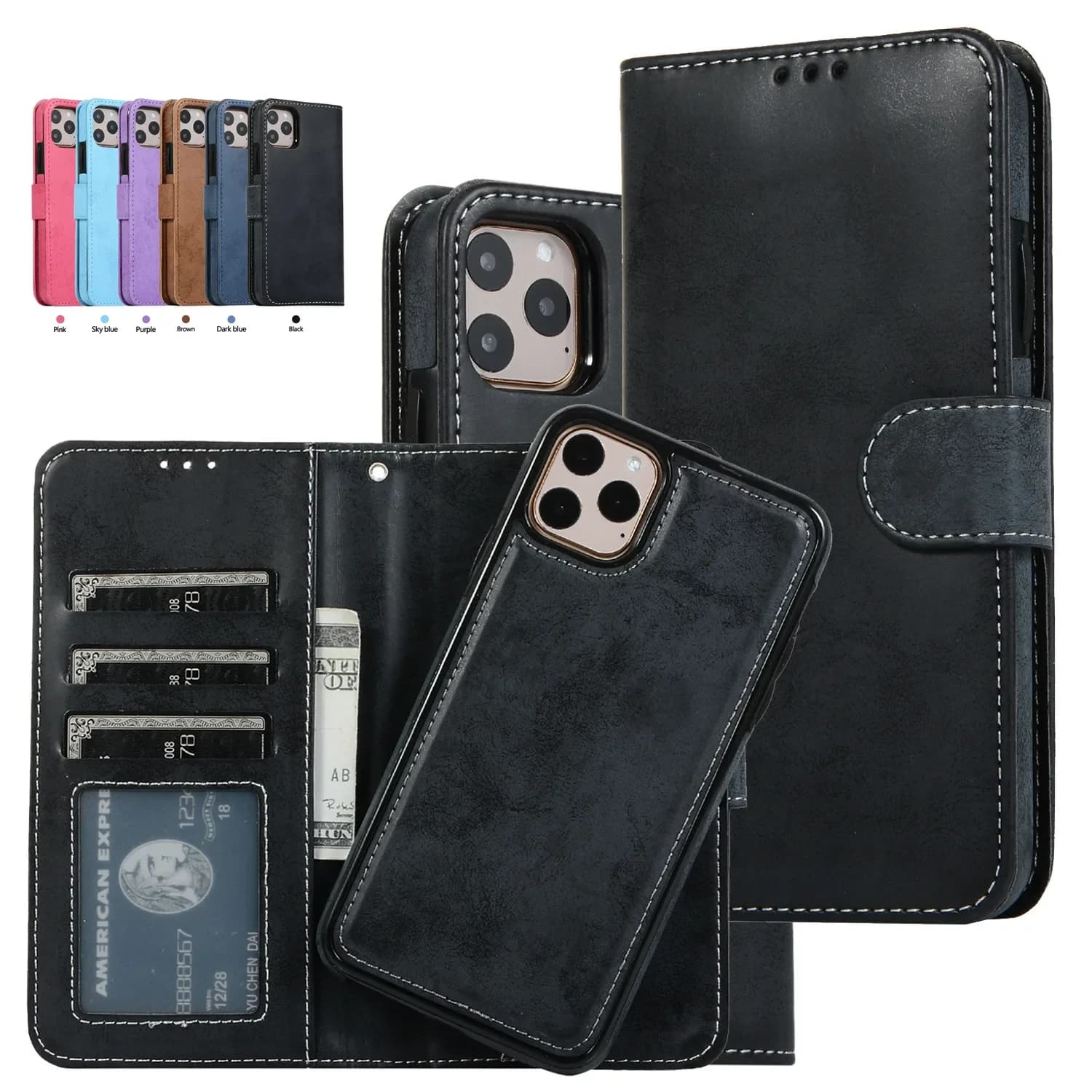 Custodia per carte a portafoglio rimovibile in pelle di lusso per IPhone 13 14 15 16 Pro Max 12 Mini 11 XS XR X 8 7 Plus SE2022 Custodia per telefono