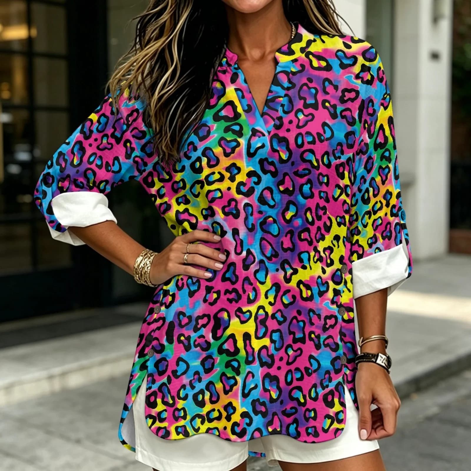 PENSTROLL Leopard Print Linen-Like V Neck Tunic Tops Ladies Tops and Blouses for Womens Casual Fit V Neck Tops