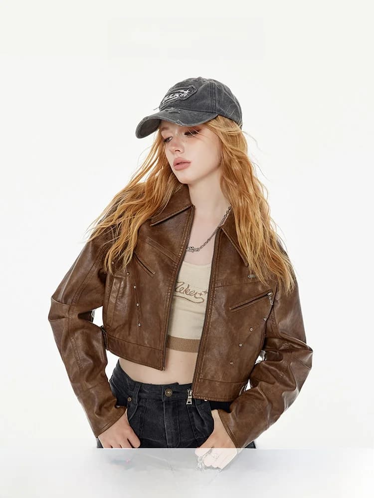 Brown Coffee Short Jacket Women's Autumn Caramel Color Jacket PU Leather Shirt Street Style Loose Fit Long Sleeve Zipper Design