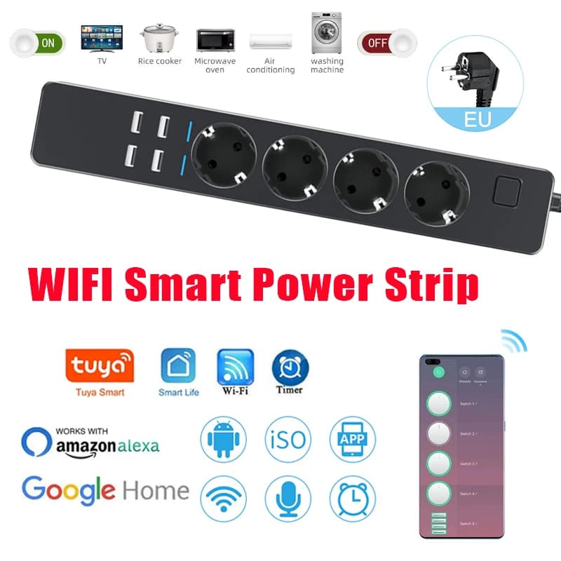Intelligent multi-faceted with 4 sockets EU Plug 4 USB charging ports Timer socket App Voice control Multi-functional socket