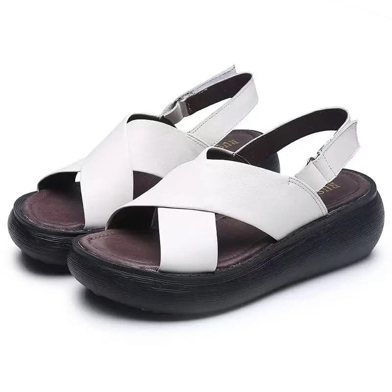 Women Summer New Genuine Leather Wedges Peep Toe Sandals Thick Sole Non Slip Lightweight Fashionable Velcro Outdoor Beach Sandal