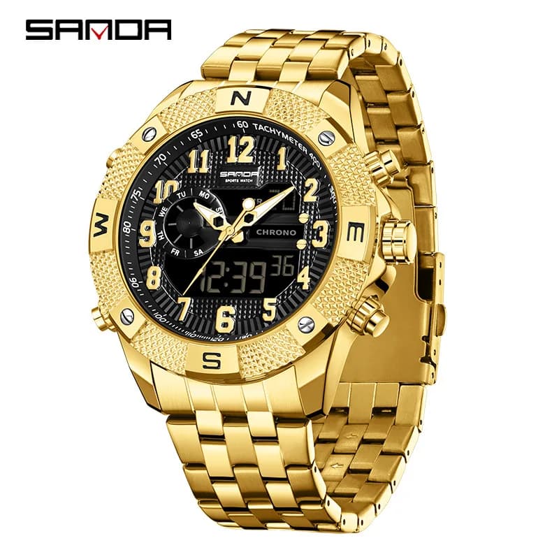SANDA electronic watch youth trend personality creative multi-functional steel belt alarm clock luminous watch men