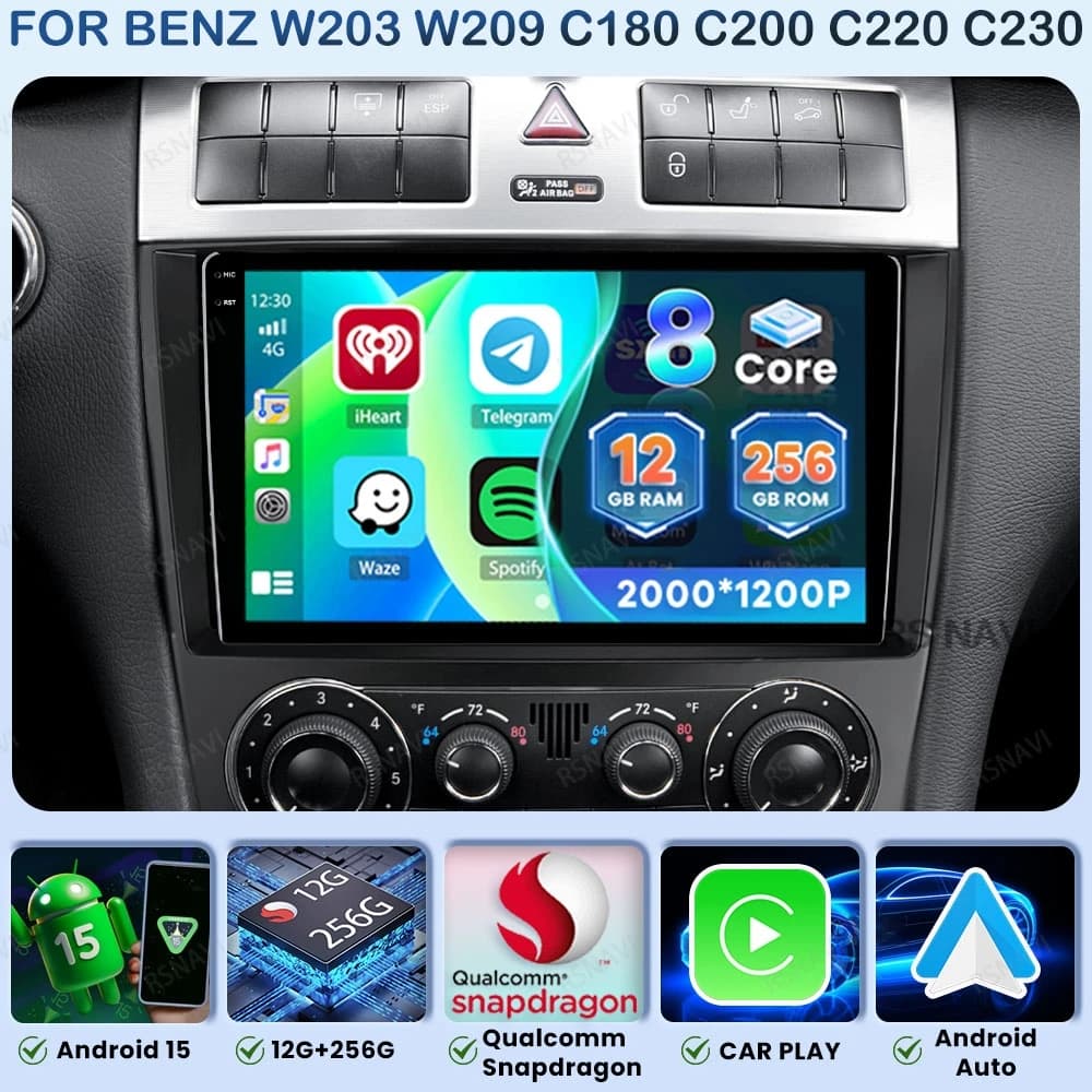 Android 15 Car Radio For Benz W203 W209 C180 C200 C220 C230 Wireless Carplay Auto Autoradio Qualcomm QLED BT DSP GPS 4G LTE DVD