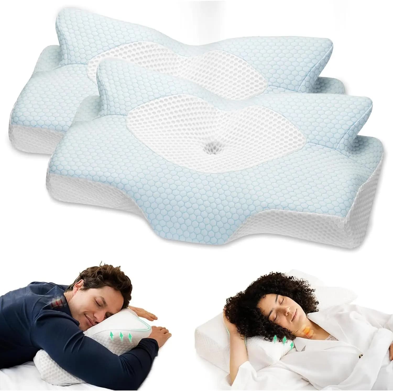 Cuscino Cervicale in Memory Foam, Confezione da 2, per Alleviare il Dolore a Collo e Spalle, Supporto Ergonomico Ortopedico per Chi Dorme su un Fianco o sullo Stomaco