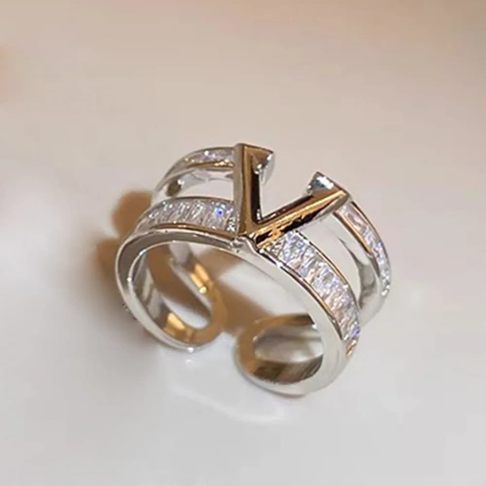 1Pc Light Luxury Premium Letter Micro-inlaid Cubic Zirconia Double Open Ring Exquisite Women's Jewelry Accessories Party Banquet Gifts Mother's Day Valentine's Day Gifts Romantic Gifts for Your Loved Ones