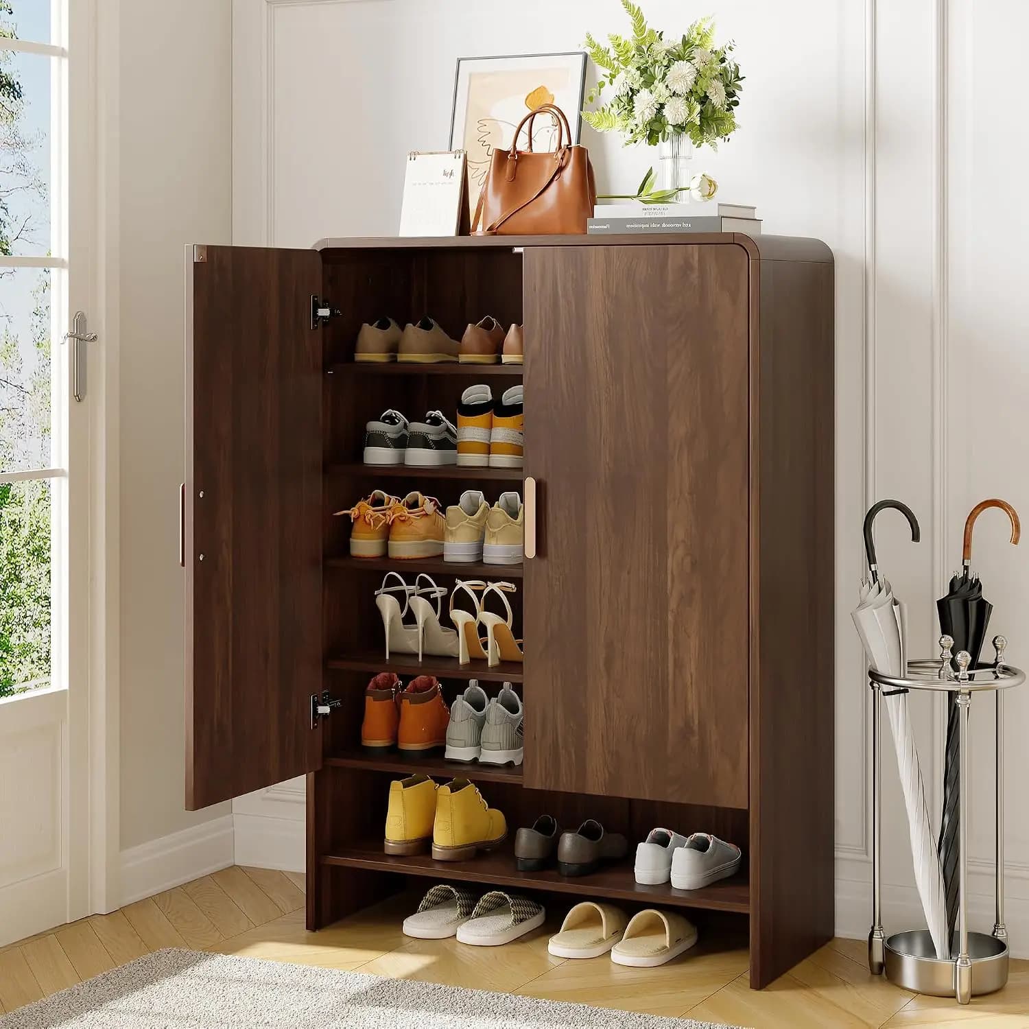 Walnut 6-Tier Wooden Shoe Storage Cabinet 45 Inch, Farmhouse Shoe Organizer with Doors and Shelves for Entryway and Hallway