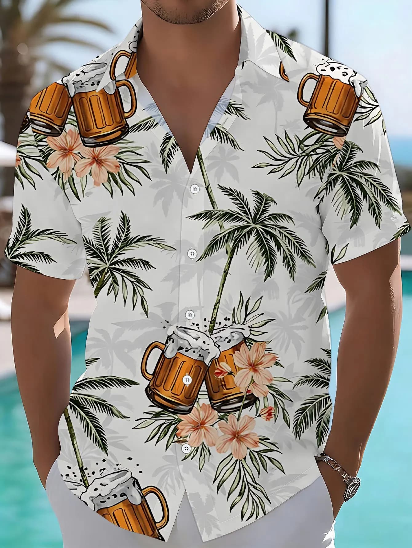 Men's Summer Beer Mug Palm Tree Floral Print Hawaiian Shirt Lapel Short Sleeve Button Down Casual Vacation Beach Party Aloha Top