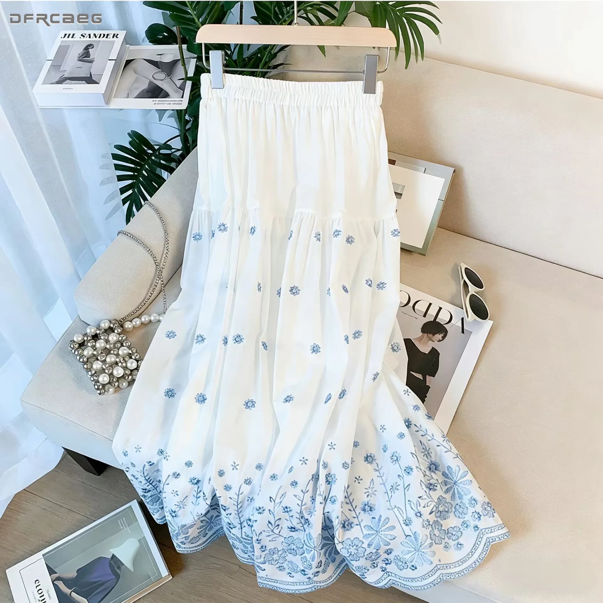 Gonna lunga da spiaggia midi ricamata con fiori, stile vacanza, per donna, con elastico in vita, casual, boho, ampia, a trapezio