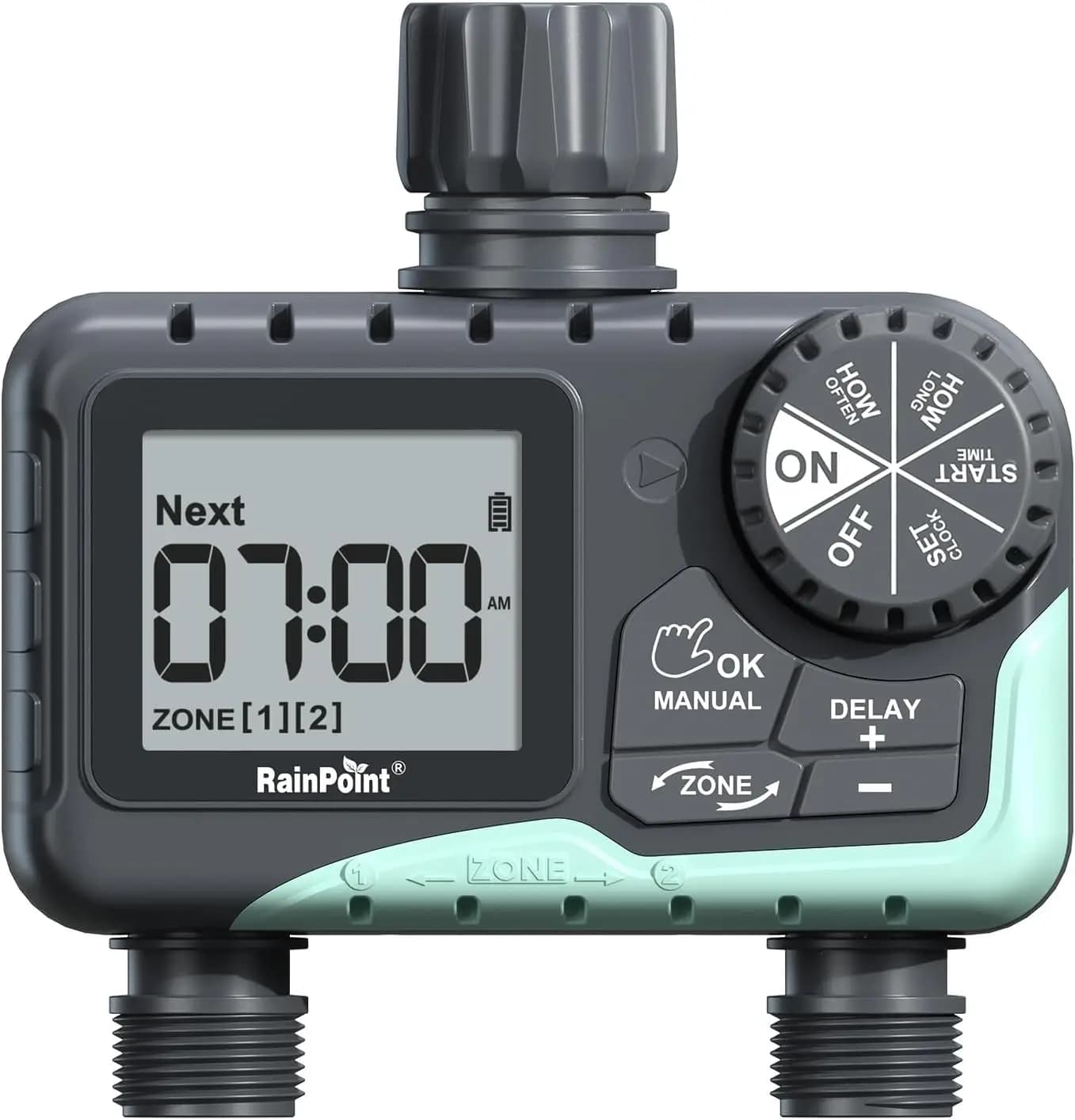 2-zone irrigation timer with rain delay, manual and automatic irrigation for garden sprinklers