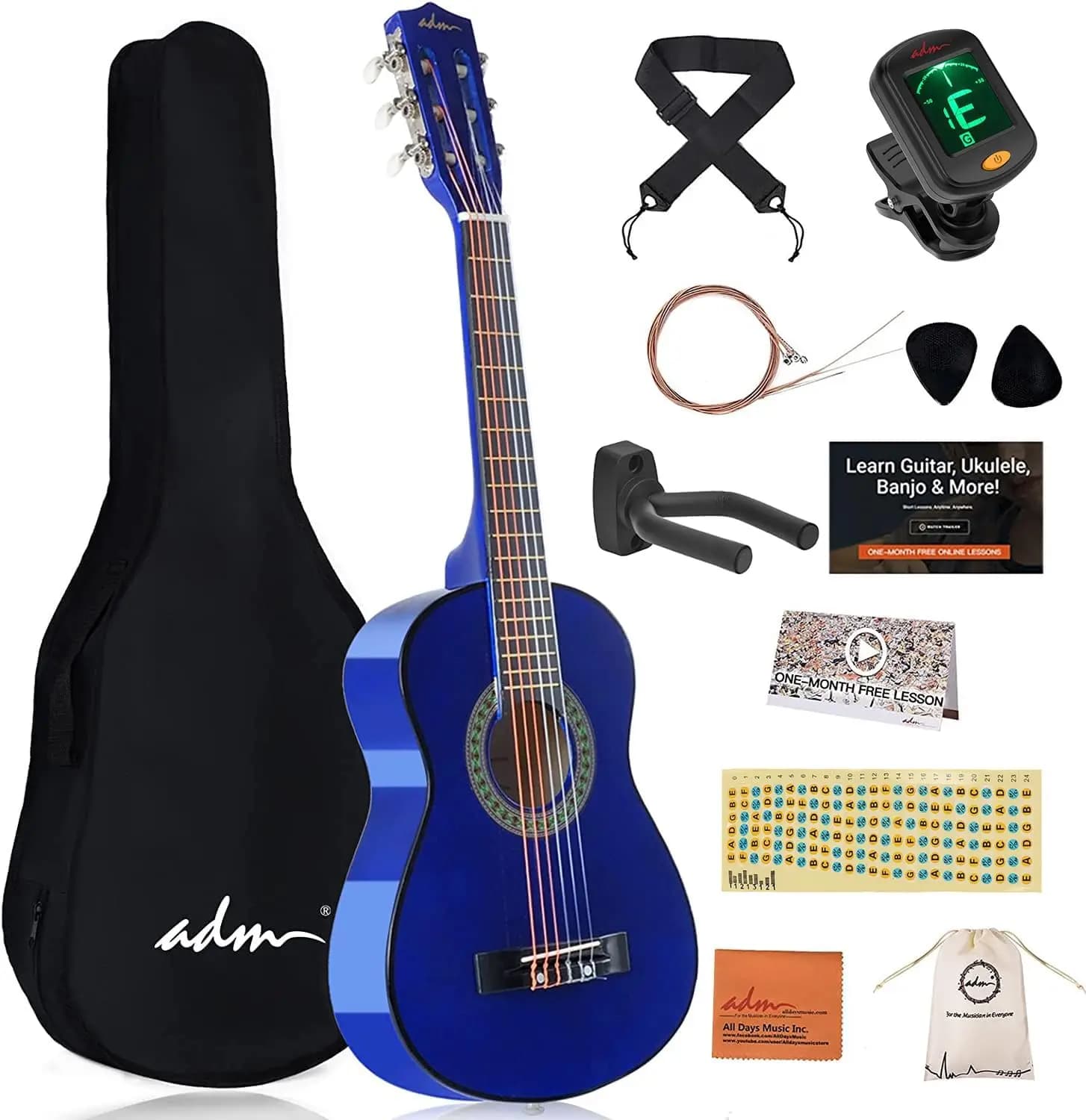 Chitarra Classica Acustica da 30 Pollici per Principianti con Corde in Nylon, Borsa per il Trasporto, Accordatore, Tracolla, Plettri, Blu