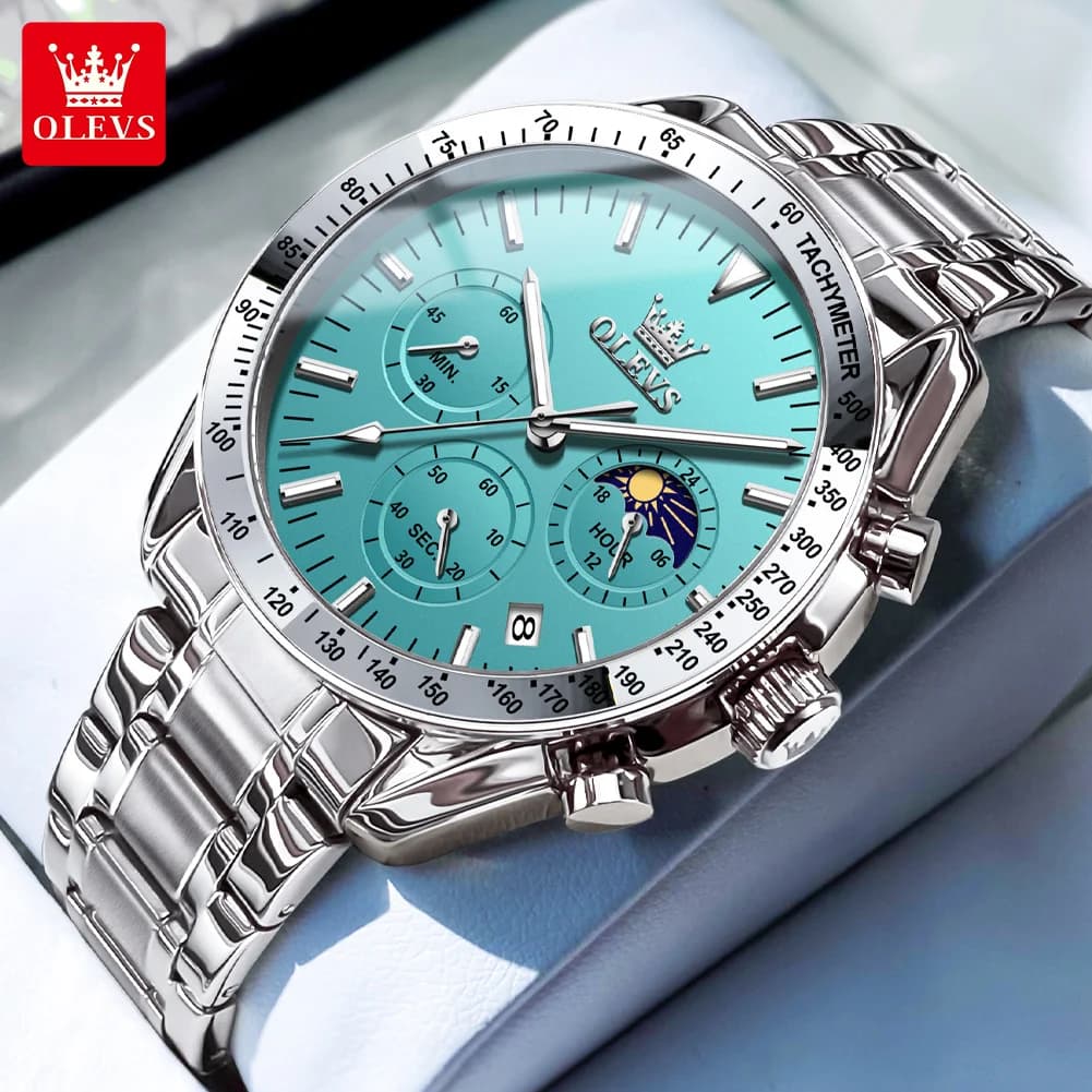 OLEVS 3618 Nuovo Orologio al Quarzo di Lusso da Uomo con Fasi Lunari, Cronografo, Impermeabile, Calendario e Luminoso per Affari