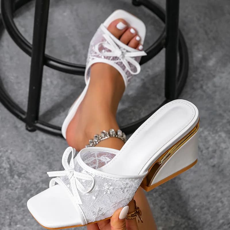 New Plus Size Lace Rhinestone Bow Thin Heel Cool Drag Women Wear Square Toe High Heel Slip Slippers Outside Summer