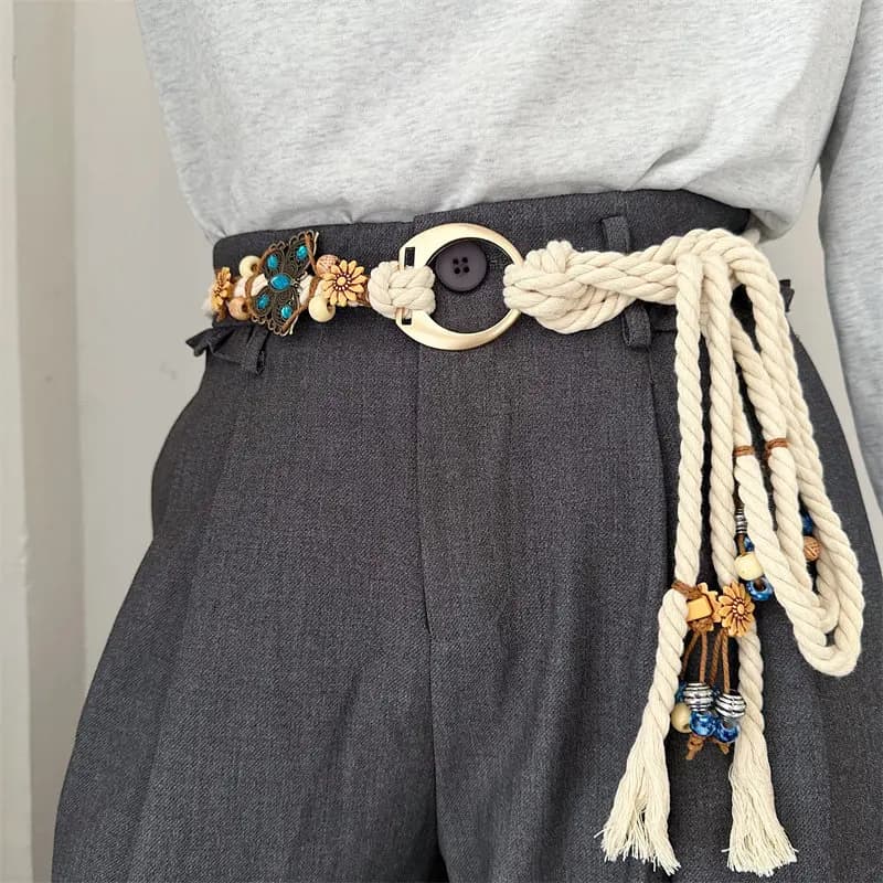 New Retro Literature And Art Hand Knitting Belt Woman Decoration Dress Knot Rope Ethnic Style Tassel Waist Chain Accessories