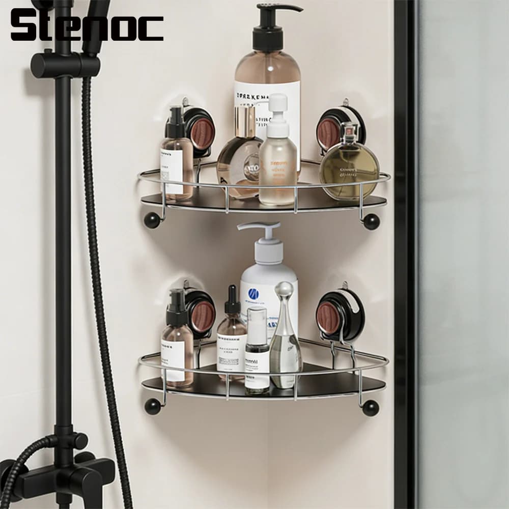 Suction Cup Bathroom Rack No Drilling Wall Mounted Removable Toilet Storage Rack With Hooks Stainless Steel Bathroom Accessories