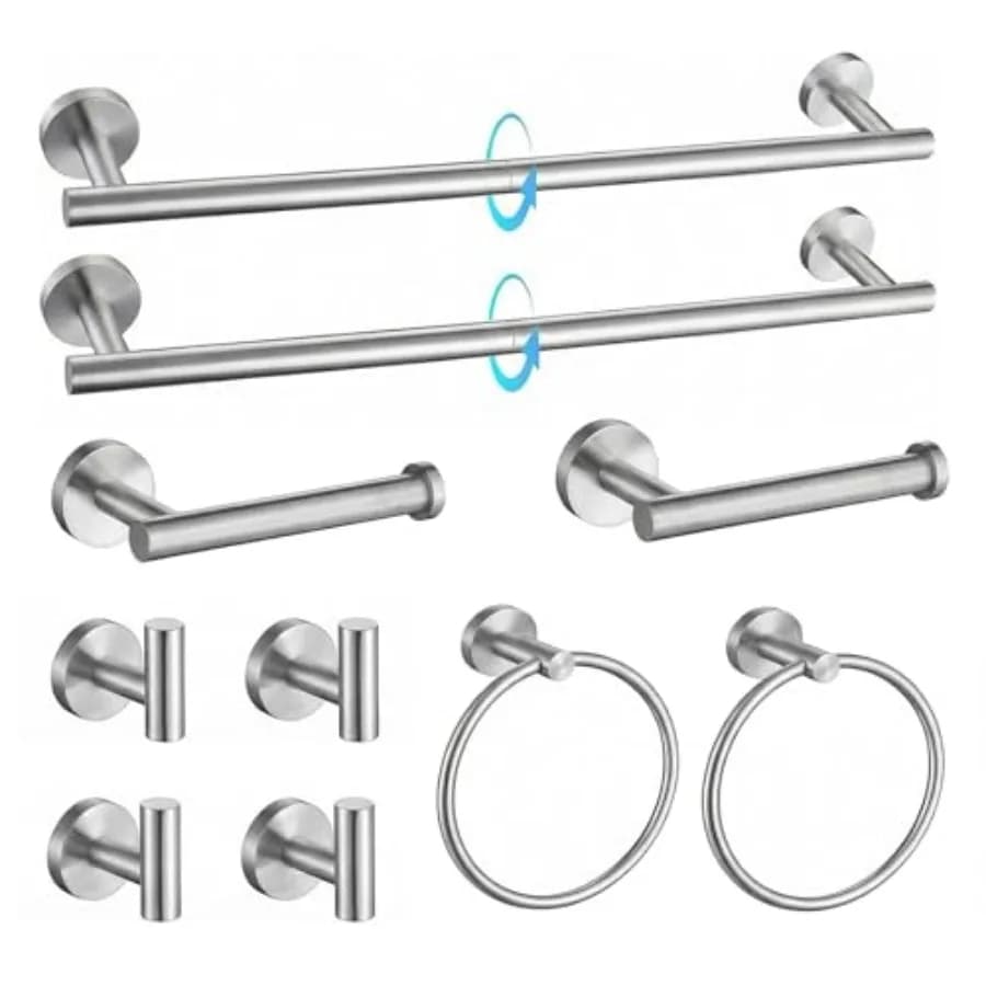 Set di Accessori Bagno in Nichel Spazzolato 10 Pezzi, Portasciugamani Componibile da 27,5 Pollici, Include Portasciugamani, Portarotolo, Anello Portasciugamani