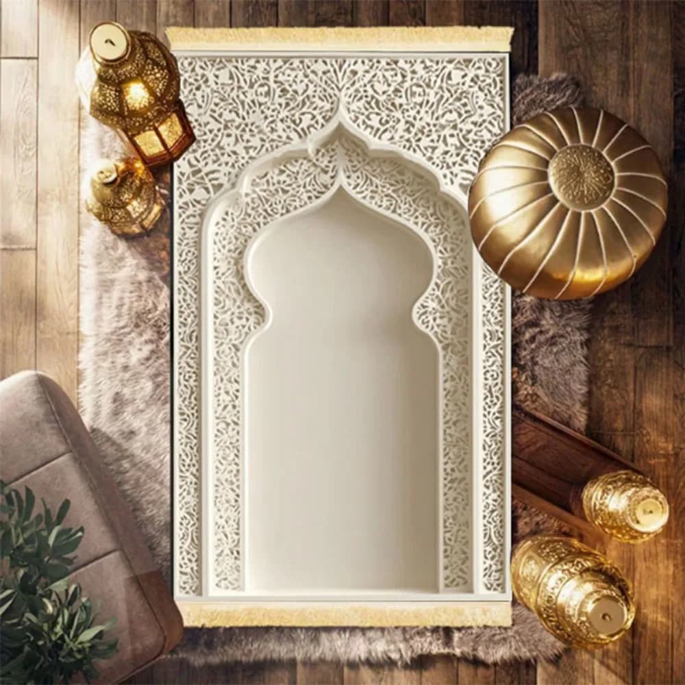 Tappeto da preghiera islamico VIKAMA con lussuoso design ad arco bianco in rilievo, tappetino da viaggio lavabile e pieghevole per il culto di Eid Salah