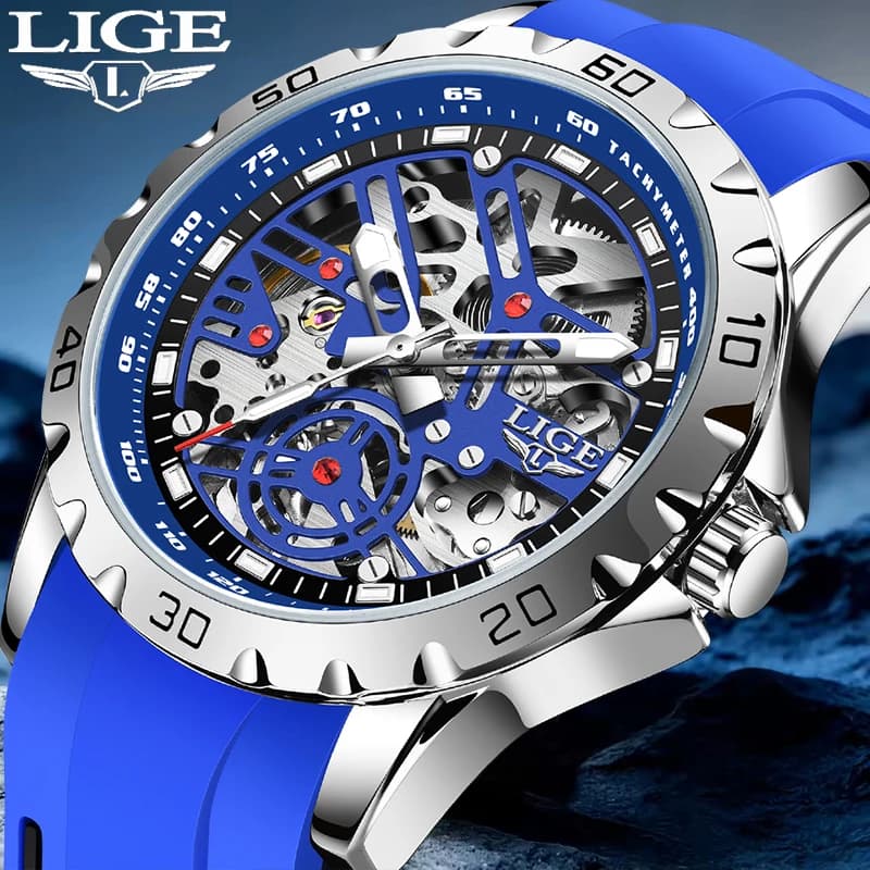 Orologi da Polso Meccanici LIGE per Uomo, Orologio Automatico Blu in Silicone alla Moda per Affari, Sport all'Aperto e Impermeabile