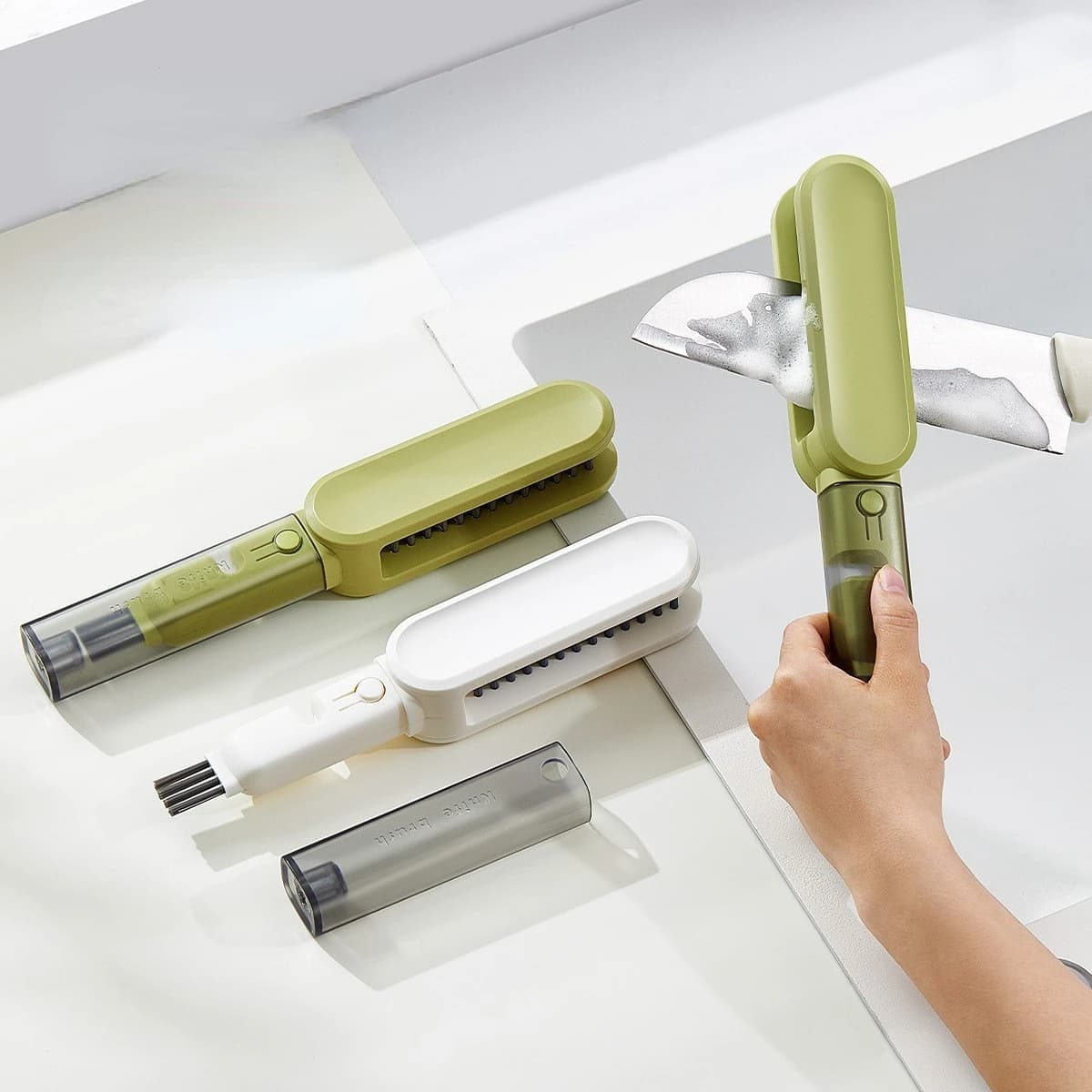 Multifunctional 3 In 1 Kitchen Cleaning Brush Knife Sharpener Cup Lid Gap Dishwashing Knife Blade Cleaner Brush