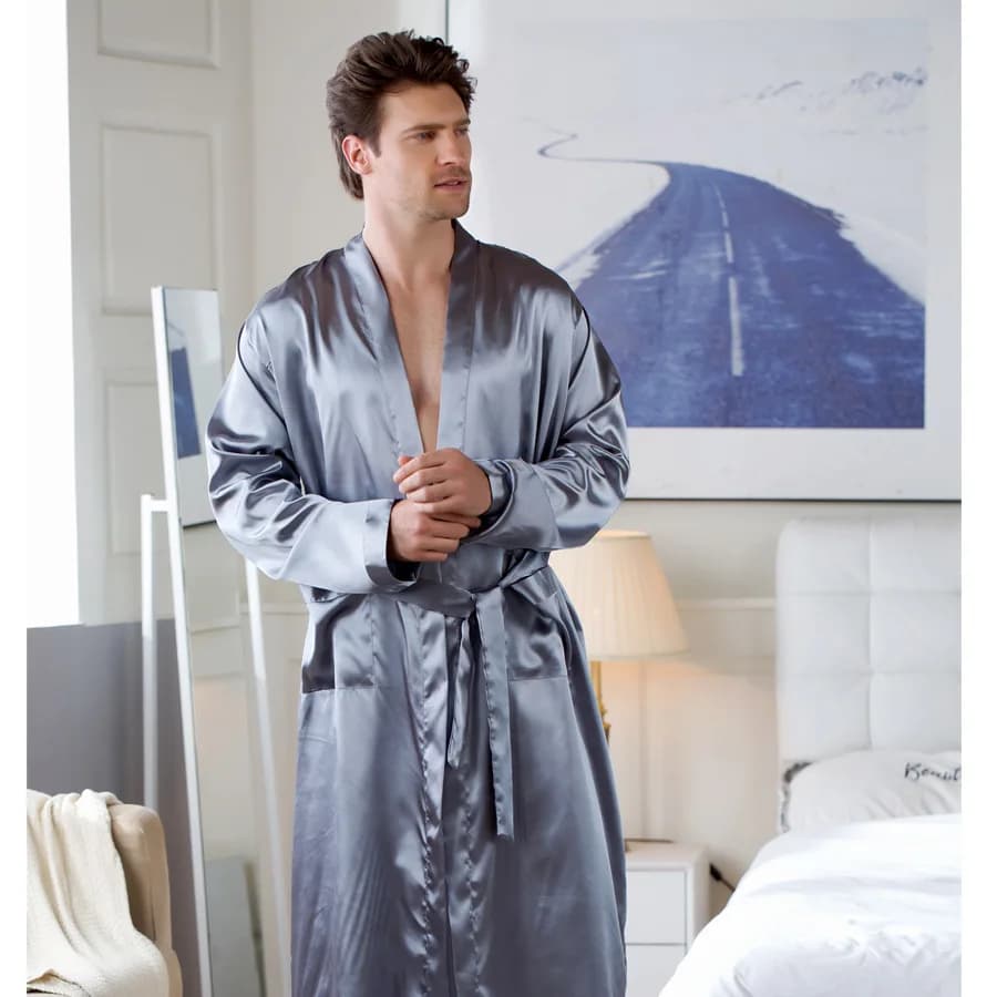 Indumenti da notte maschili taglie forti Kimono Accappatoio Abito da notte grigio a maniche lunghe con scollo a V con tasca per cintura Primavera Estate Uomo Abbigliamento per la casa