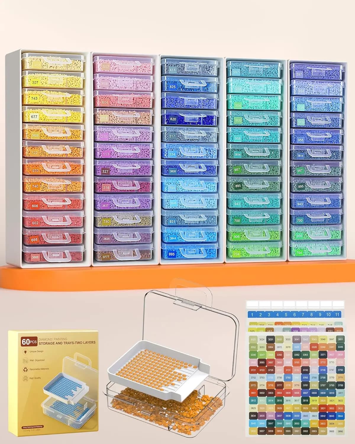 Set di 60 Vassoi Portaoggetti a 2 Livelli per Diamond Painting con Coperchi, Organizzatore 3-in-1 per Punte e Perline, Supporto Regolabile Incluso