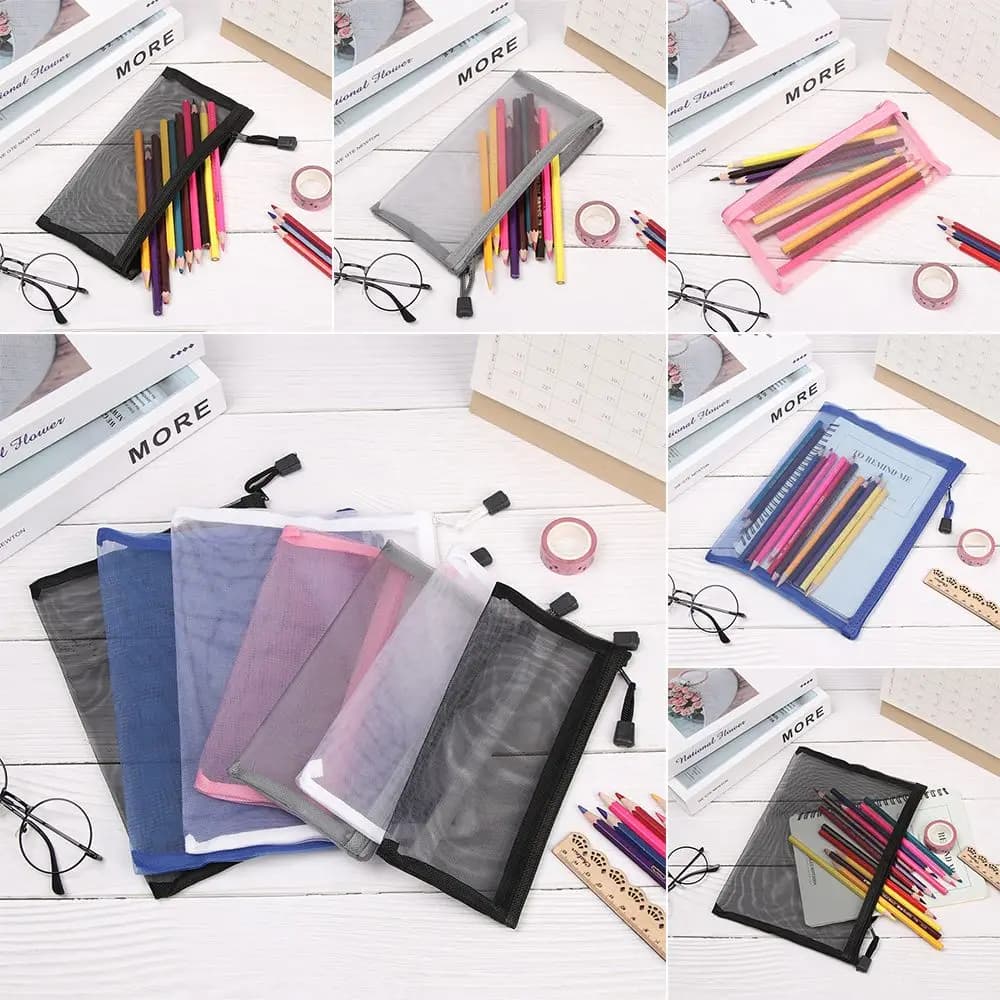 1pc Solid Color Gifts Makeup Cosmetic Handbags Stationery Transparent Grid Zipper Pencil Case Cosmetic Storage Mesh Pen Bag