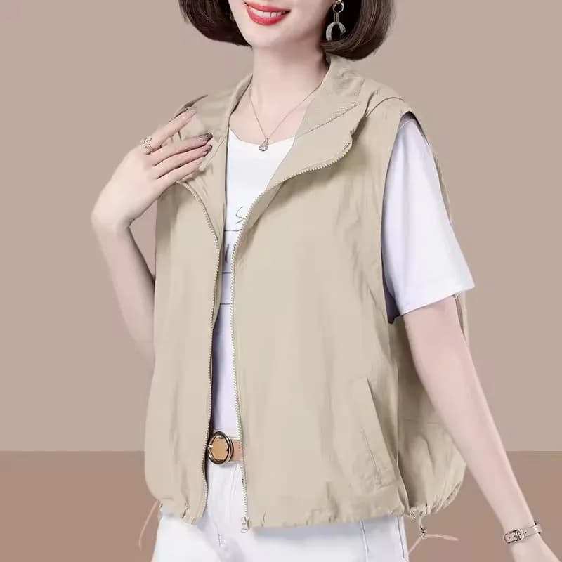 Giacca da donna con cappuccio Giacca sportiva da esterno casual Gilet estivo senza maniche allentato Abbigliamento da lavoro Colletto alto Cerniera Capispalla sottile