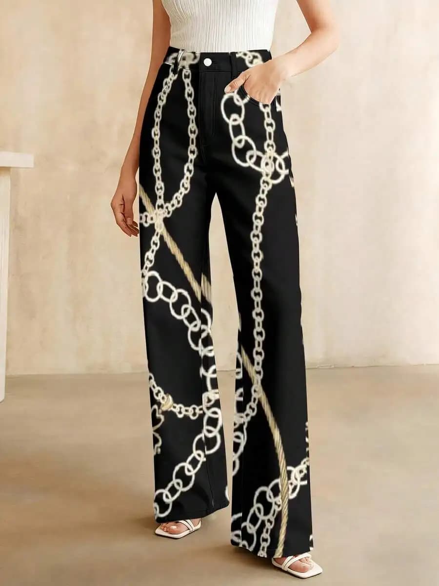 Jeans a vita alta a gamba larga con stampa a catena per donna, abbigliamento casual