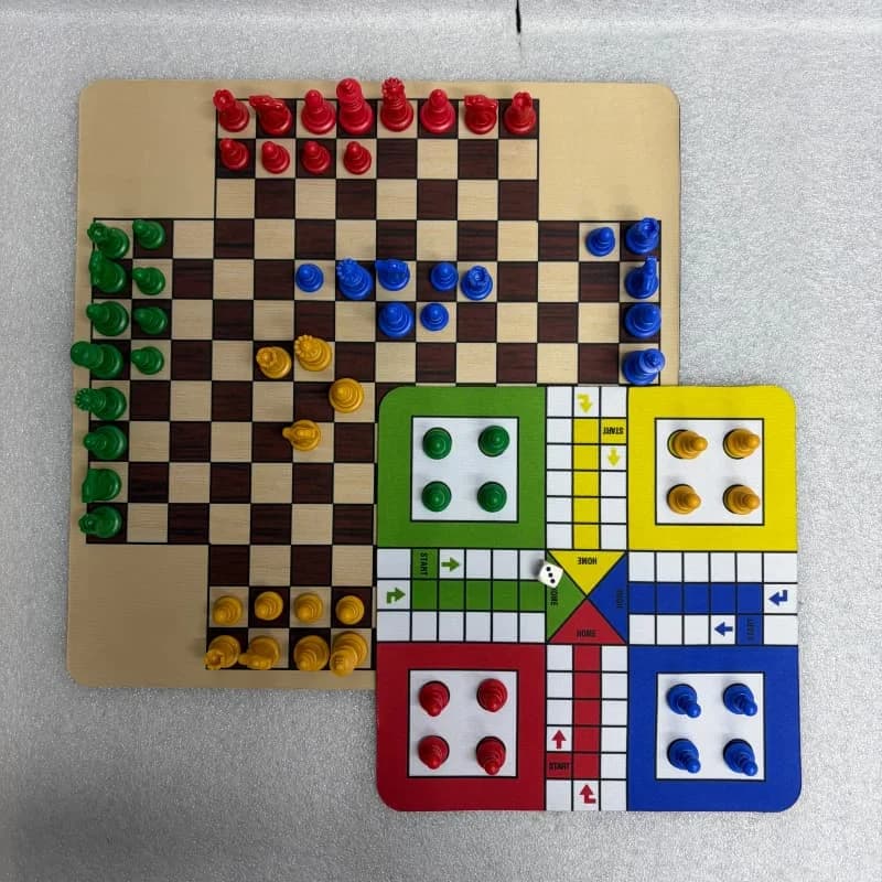 2 in 1 4-Player Classic Chess Board Game with 4 Color 64 PCS Pieces 35Cm/13.8In and ludo game set 24cm/9.45in for family game
