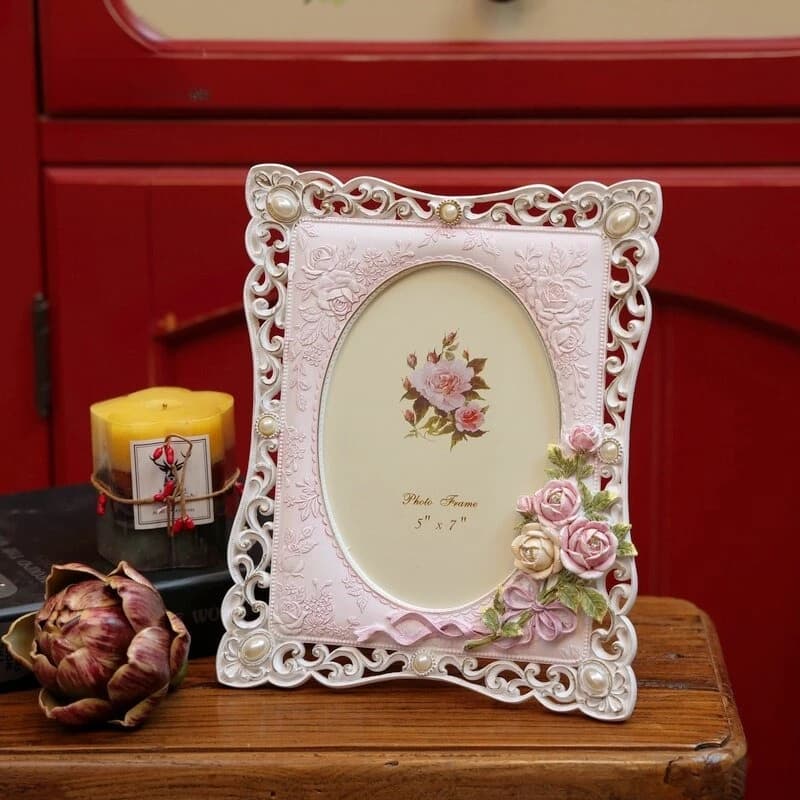 Vintage Picture Frame, Elegant Antique Photo Frames, Photo Display, Gift Ideas,Pink Rose with Pear Home Picture Frame
