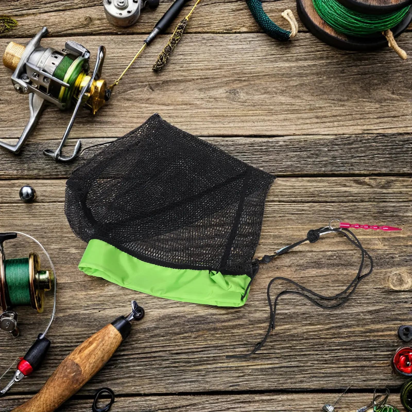 Borsa a rete pieghevole in nylon per la pesca, cesto portatile per la raccolta del pesce, rete a sacchetto con coulisse per sport all'aperto, trasporto kayak, attrezzatura da pesca