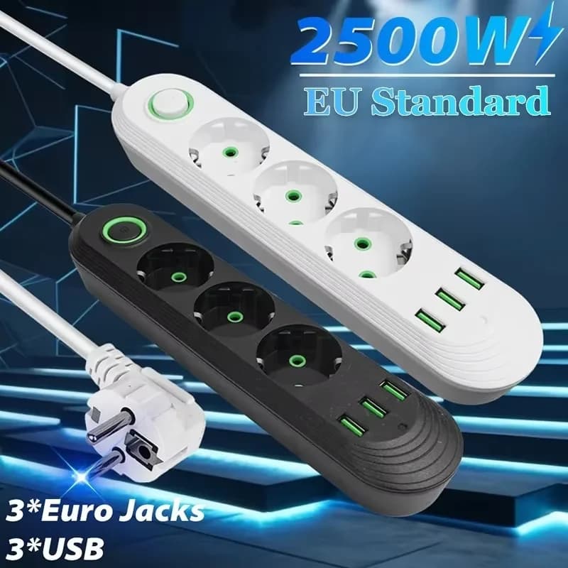 Multipresa da 2500W con Spina EU, Filtro di Rete e Porte USB per Ricarica, Standard Europeo