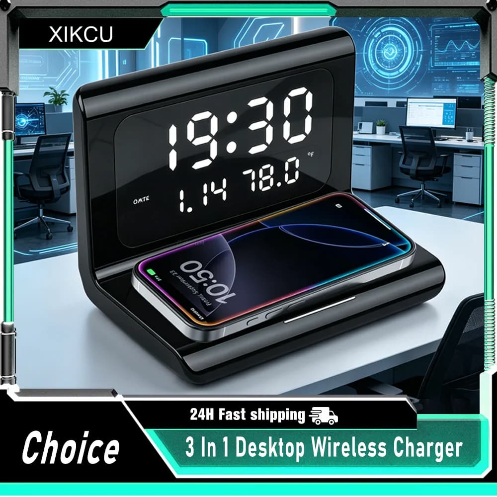 Desktop 3 In 1 Wireless Charger Electronic Clock Wireless Charger Multifunctional Charger with Clock Function For Cellphone