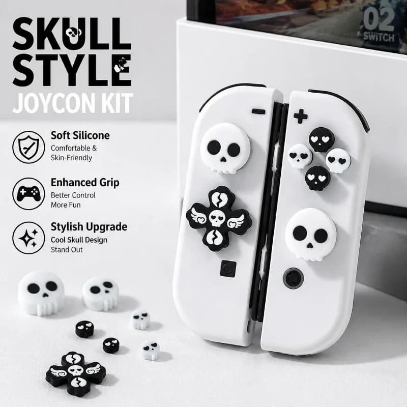 Cover in Silicone Morbido Nero e Bianco con Teschio, D-Pad, Tasti ABXY e Adesivi per Switch 2/OLED, con Copri-Stick Analogico per Joy-Con