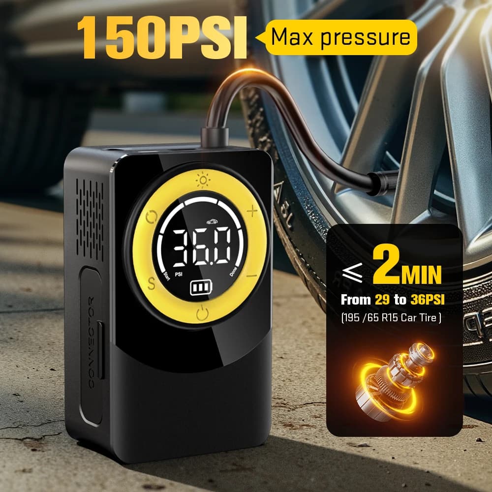 Nuovo modello Carsun: 1 gonfiatore con display digitale wireless montato su auto, pompa per pneumatici wireless portatile per veicoli elettrici