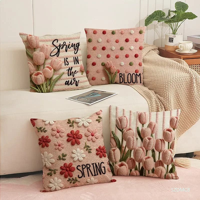 2026 New 2D Printed 3D Knitted Flower Pillow Cover Linen Breathable Sofa Cushion Set