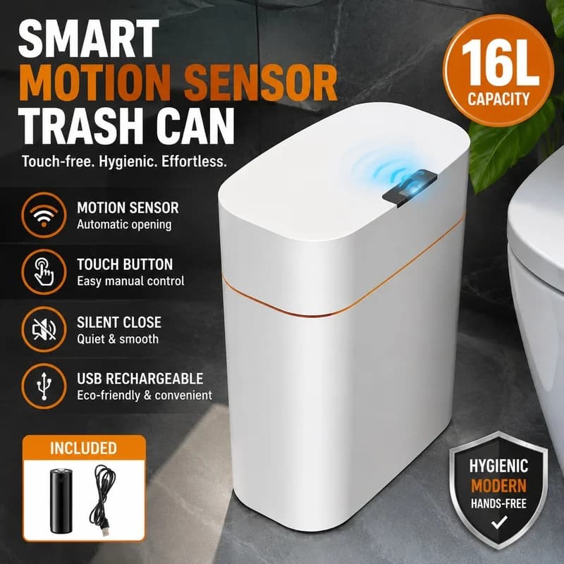 Automatic Sensor Trash Can Touch Motion Activated Lidded Waste Bin For Bathroom Bedroom Living Room Home Use