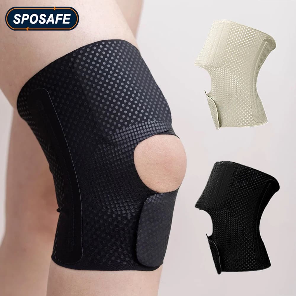Ginocchiera leggera e traspirante da 1 pezzo, rotula aperta regolabile con doppi stabilizzatori laterali per escursionismo, corsa, sport, allenamento