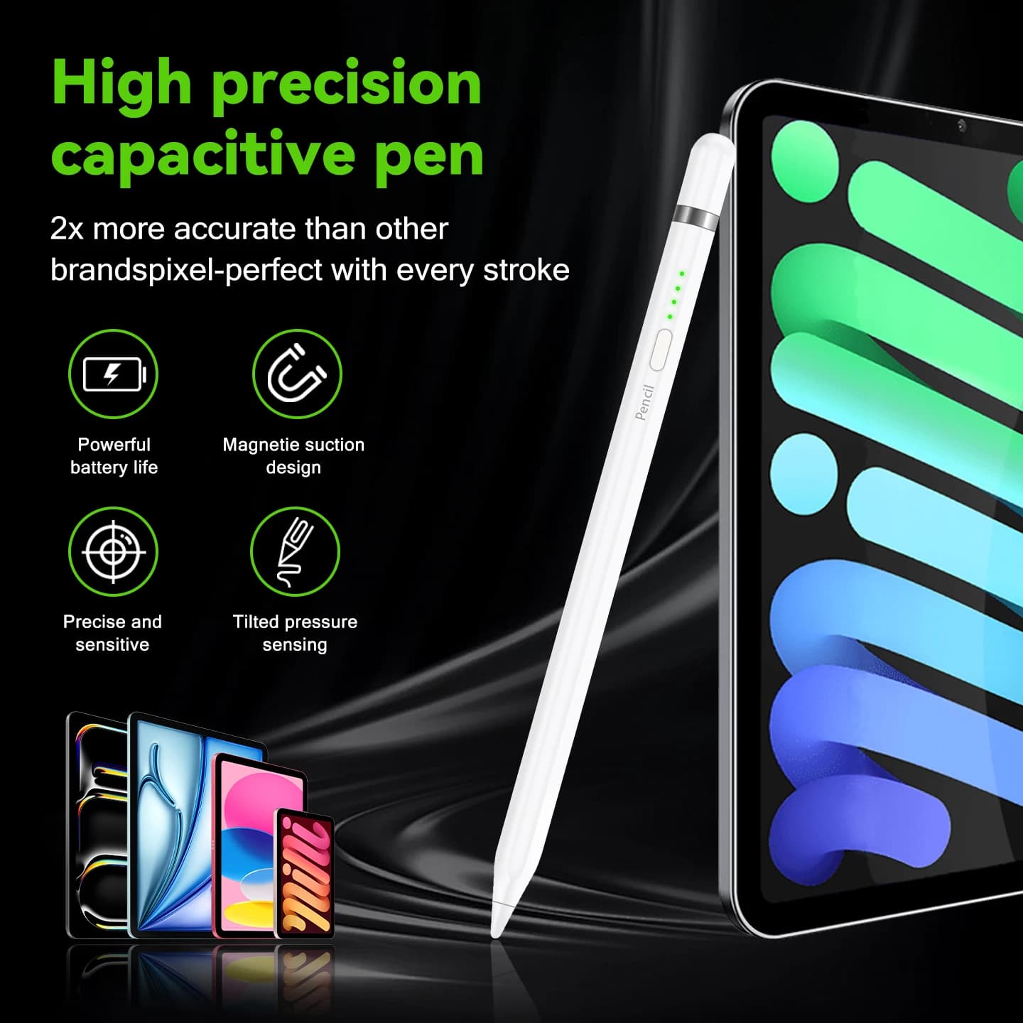 Penna Stylus per iPad 2018-2026 Pro/Air/Mini/10th, con Rilevamento del Palmo, Lato Magnetico, Ricarica Rapida e Lunga Durata della Batteria
