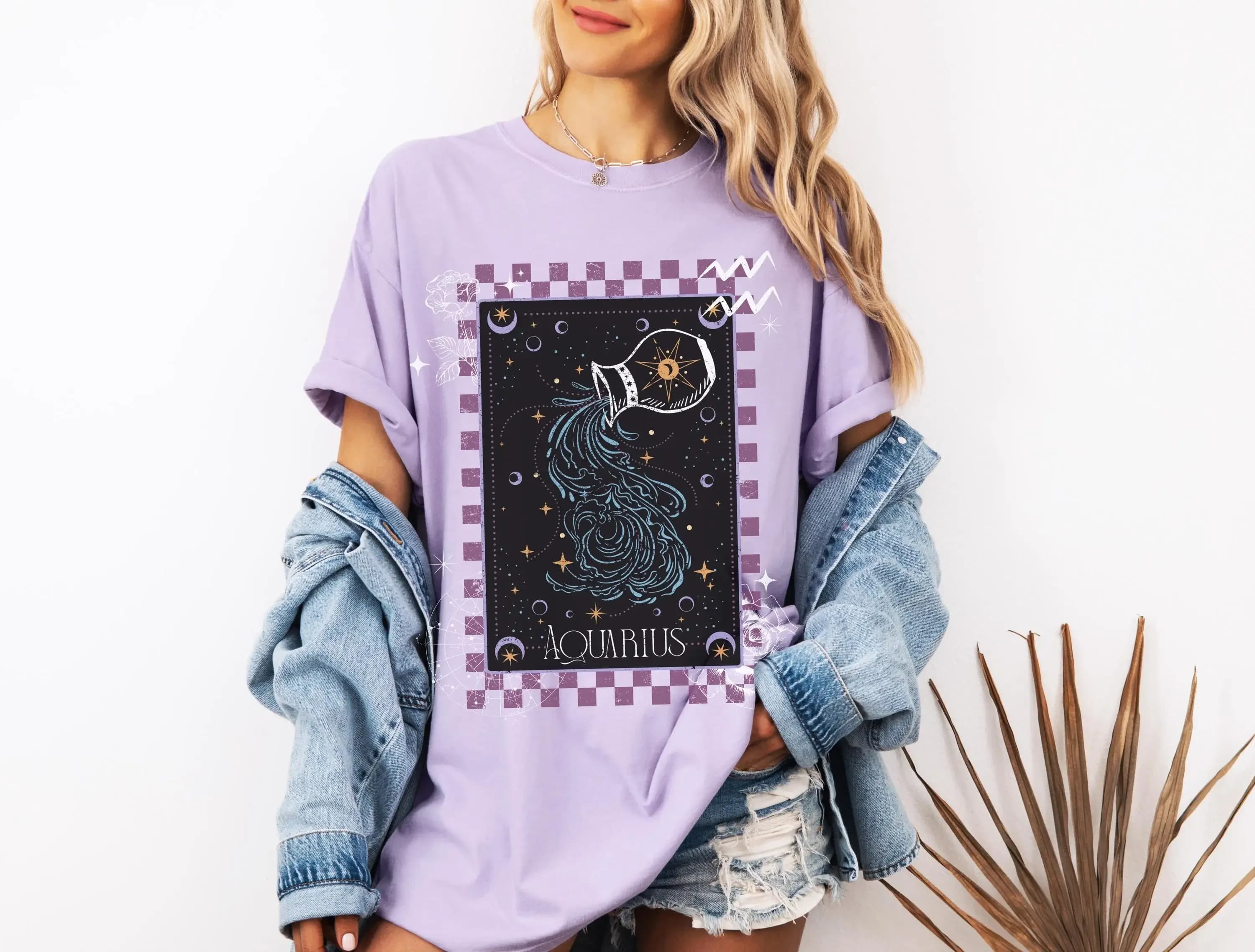 Acquario Zodiaco T Shirt Comfort Colori Astrologia Oroscopo Stella Segno Sole Tarocchi Carta Arte Compleanno